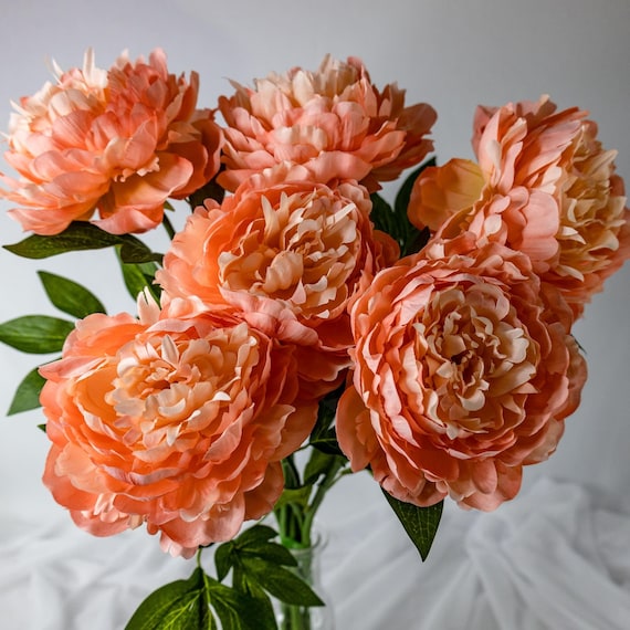 Peach Peony Large Bloom Stem – Soft Touch Artificial Peony, Faux Peach Flower for Wedding Bouquets, Vases & Home Décor