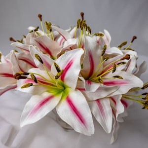 White/Pink Stripe Asiatic Lily Flowerhead - Realistic Artificial Flowers