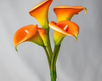 Orange Buttonhole Calla Lily Artificial Flowers 6 Pack, Real Touch Faux Arum Lilies, Silk Calla for Weddings, Home Event Decor
