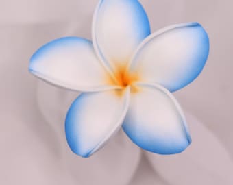 Small Blue and White Frangipani Real Touch, 6cm Faux Flowerhead, Artificial Tropical Flower, Plumeria for Crafts, Beach Wedding Decor