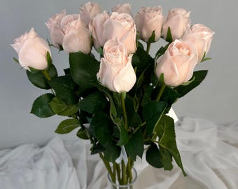 Rosa rosa rubor de tacto realista con capullo abierto - Flores artificiales realistas para bodas, ramos, decoración del hogar, coronas de flores y manualidades