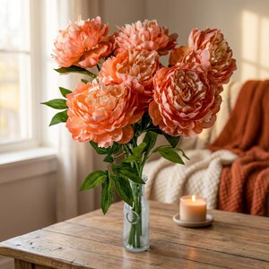 ピーチピオニー ラージブルームステム - ソフトタッチの造花ピオニー、ウェディングブーケ、花瓶、ホームデコレーションに最適なフェイクピーチフラワー 画像 8
