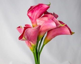 Mini calas fucsias (paquete de 6), calas artificiales de imitación, flores artificiales de tacto real para decoración de bodas.
