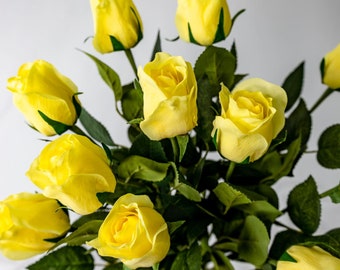 Yellow Real Touch Open Bud Rose Stem – Artificial Yellow Rose, Faux Real Touch Flower for Wedding Bouquets & Home Décor