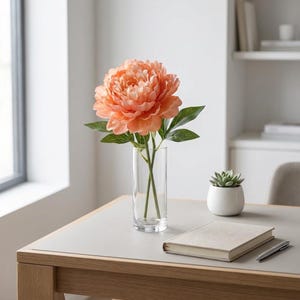 ピーチピオニー ラージブルームステム - ソフトタッチの造花ピオニー、ウェディングブーケ、花瓶、ホームデコレーションに最適なフェイクピーチフラワー Single Stem