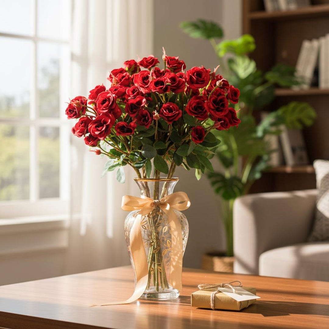 Deep Red Mini Roses Red Mini Rose Stem 56cm, Faux Mini Roses, Realistic Artificial Flower ...