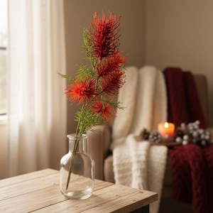 May include: A clear glass vase holds a vibrant red and green floral arrangement. The flowers have a unique, spiky texture, and the green foliage adds contrast. The vase sits on a wooden table, creating a natural, decorative display.