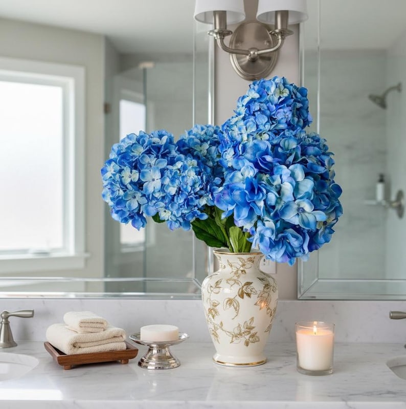 Realistic Blue Hydrangea Soft Touch - Artificial Faux Flowers for Home Decor, Weddings, Office, Bouquets & Special Events image 6