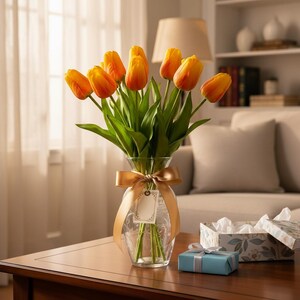 Stelo di tulipano arancione realistico al tatto, 50 cm, fiore di tulipano finto, tulipani artificiali realistici per decorazioni per la casa di matrimoni immagine 7