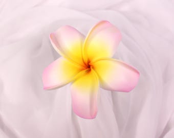 Large Soft Pink & Yellow Frangipani – Real Touch Artificial Flower 8.5cm with Wire Stem | Tropical Faux Bloom for Wedding And Home Decor