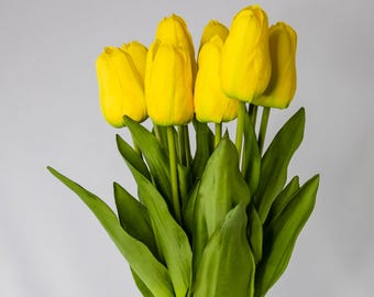 Yellow Real Touch Tulip 55cm Stem, Artificial Tulip Flower, Faux Spring Wedding Floral