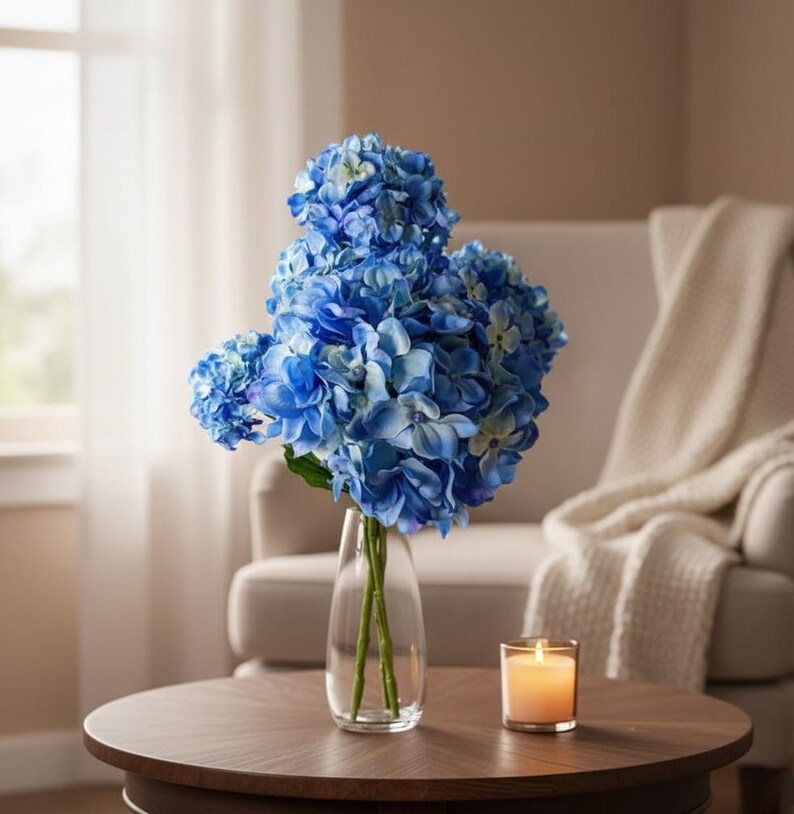 Realistic Blue Hydrangea Soft Touch - Artificial Faux Flowers for Home Decor, Weddings, Office, Bouquets & Special Events image 8