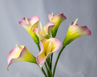 Real Touch Mini Calla Lily Stems - Yellow Pink Faux Flowers,