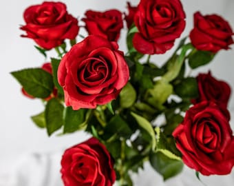 Red Real Touch Half Bloom Rose Stem – Artificial Red Rose, Faux Real Touch Rose for Wedding Bouquets, Home & Event Décor