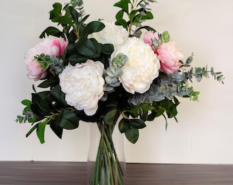 Ramo de peonías artificiales rosas y blancas, arreglo realista para bodas y decoración del hogar.