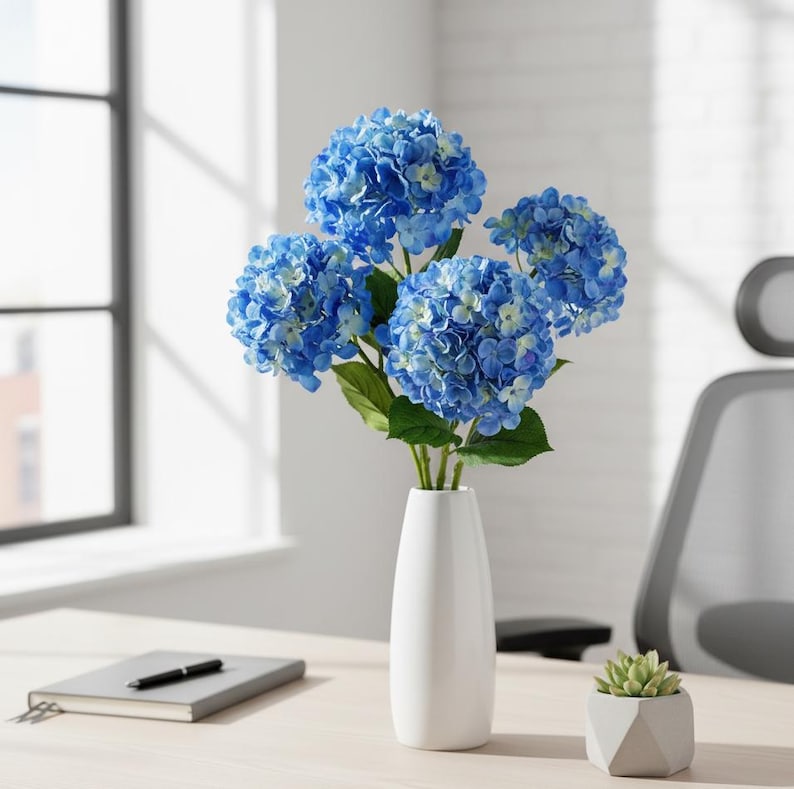 Realistic Blue Hydrangea Soft Touch - Artificial Faux Flowers for Home Decor, Weddings, Office, Bouquets & Special Events 6 Pack