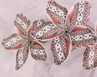 White Black Red Tribal Tattoo Frangipani 11cm | Real Touch Plumeria Flower | Faux Tropical Flowerhead for Crafts, Weddings, Beach Decor