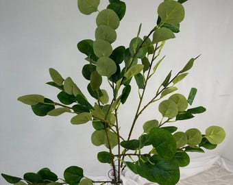 May include: Artificial eucalyptus plant with round, green leaves and slender stems. The leaves vary in shades of green, creating a natural appearance. This faux plant is a decorative element for home decor.