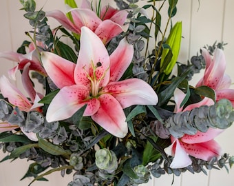 Real Touch Oriental Lily Bouquet, Faux Lily Wedding Bouquet, White Artificial Lily Flowers for Bride and Home Decor