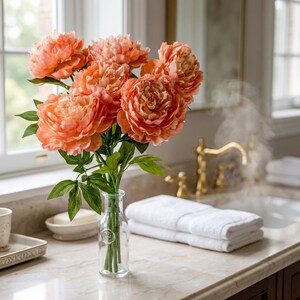 ピーチピオニー ラージブルームステム - ソフトタッチの造花ピオニー、ウェディングブーケ、花瓶、ホームデコレーションに最適なフェイクピーチフラワー 画像 9