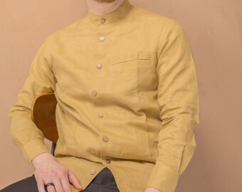 Elegant Men's Half Button Shirt: Loose Fit Solid Color