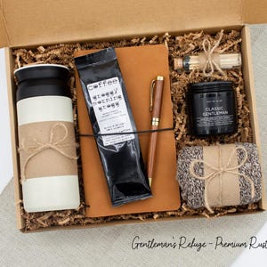 Men's Sympathy, Get Well, Father's Day Gift Box: Tumbler, Coffee, Candle, Socks & Notebook