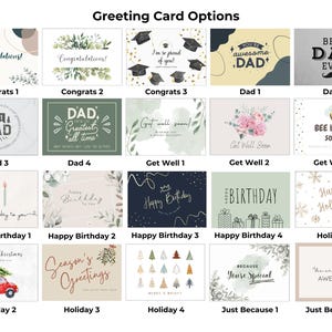 Greeting card options featuring 20 designs, including Congratulations, Dad, Get Well Soon, Happy Birthday, Holiday, and Just Because themes with modern and playful artwork.