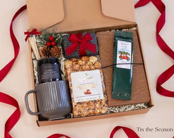 Festive Christmas Gifts for Him: Blanket, Mug & Candle. Cozy Winter Basket with Holiday Treats.