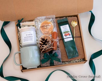 Rustic Christmas Gifts for Him: Journal, Mug & Candle. Cozy Cabin Basket with Holiday Treats.