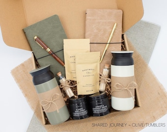 Practical Christmas Couples Gift Box: Tumblers, Journals, & Candles. Holiday, Wedding, Anniversary Gifts for Couples