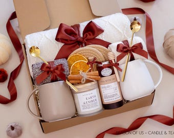 Holiday Couples Gift Basket: Mugs, Blanket, & Candle. Self-Care, Get Well, Sympathy Gifts for Two