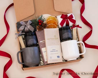 Holiday Couples Gift Set: Mugs, Popcorn, Candle & Socks. Cozy, Christmas, Festive Gifts for Two