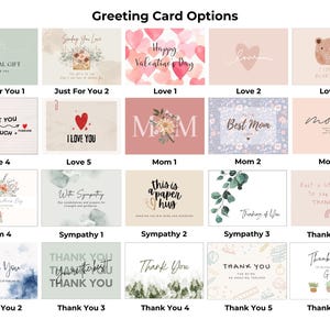 Greeting card options featuring 20 designs, including Just For You, Love, Mom, Sympathy, Thank You, and Teacher appreciation themes in soft, colorful, and illustrated styles.