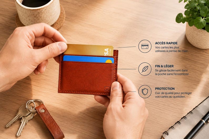 Découvrez notre portefeuille fin en cuir, conçu pour homme ou femme, alliant élégance et praticité. Fabriqué à la main avec un cuir 100 % premium, cet accessoire sophistiqué dispose d'une capacité de rangement pour environ 4 cartes de crédit. Son design épuré et chic s'adapte parfaitement à votre style au quotidien. Offrez-vous ou à un proche ce portefeuille artisanal, alliant style et fonctionnalité. Parfait pour un usage quotidien ou comme cadeau spécial!