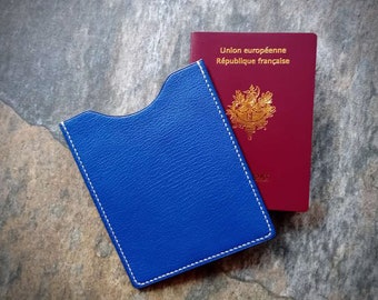 Blue leather passport case - Handmade passport protector - French leather goods