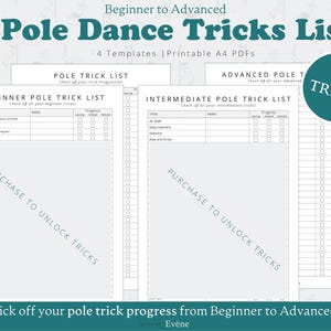 Pode incluir: Uma lista de truques de pole dance imprimível com quatro modelos para iniciantes, intermediários e avançados. A lista inclui 90 truques para acompanhar o progresso.
