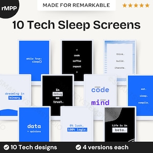 Könnte beinhalten: Eine Sammlung von zehn Tech-Themen-Bildschirmschonern, jeder mit einem einzigartigen Design und Text. Die Bildschirmschoner zeigen Sätze wie "code, coffee, repeat" und "dreaming in binary". Die Designs sind in verschiedenen Farben, darunter Blau, Schwarz und Weiß.