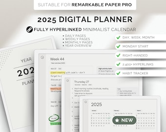 2025 Daily Digital Planner for Remarkable Paper Pro | Hyperlinked Year Calendar with Hourly, Daily, Weekly, Monthly planning | Habit Tracker