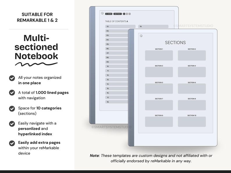 Multi-sectioned Medium Lined Notebook Template for Remarkable 2 & Paper ...