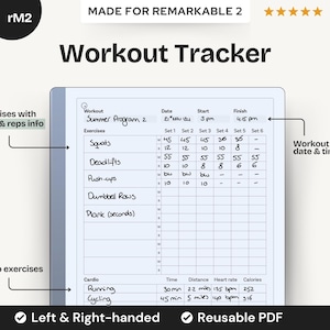 May include: A digital workout tracker for the Remarkable 2 tablet. The screen displays a workout log with sections for exercises, sets, reps, and cardio. The text includes "Workout Tracker", "Summer Program 2", and exercise names like "Squats" and "Deadlifts".