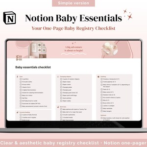 Könnte beinhalten: Ein Laptop-Bildschirm zeigt eine Notion-Checkliste für Baby-Essentials. Die Checkliste ist in Kategorien wie "Wagen", "Wickeln", "Kleidung", "Milchnahrung" und "Badezeit" geordnet. Die Checkliste trägt den Titel "Notion Baby Essentials: Ihre einseitige Baby-Register-Checkliste".