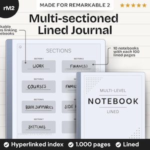 Multi-sectioned Lined Notebook for reMarkable 2, template with 1.000 journal note taking pages | Hyperlinked index, undated e-ink template