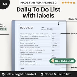 Modello di elenco delle cose da fare per Remarkable 2, elenco di controllo con note ed etichette / Organizzatore e pianificatore digitale giornaliero e-ink per tablet aziendale e personale