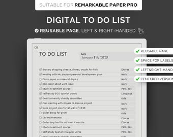To Do List template for Remarkable Paper Pro, Checklist task tracker with Notes | Business & personal e-ink tablet GTD digital planner