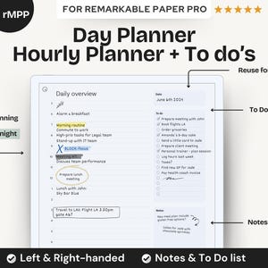 Puede incluir: Una plantilla de planificador digital para la tableta Remarkable Paper Pro. La plantilla incluye una sección de resumen diario con planificación horaria de 5 am a medianoche, una lista de tareas pendientes y una sección de notas. La fecha es el 6 de junio de 2014.