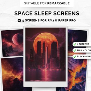 Peut inclure: Cinq écrans de veille sur le thème de l'espace pour les liseuses électroniques Remarkable RM2 et Paper Pro. Les écrans présentent une ville avec une lune rouge, une galaxie avec une nébuleuse et un paysage enflammé.