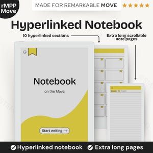 May include: A digital notebook with the text "Hyperlinked Notebook" and "Notebook on the Move." The image highlights features like 10 hyperlinked sections and extra long scrollable note pages. The design incorporates yellow accents.