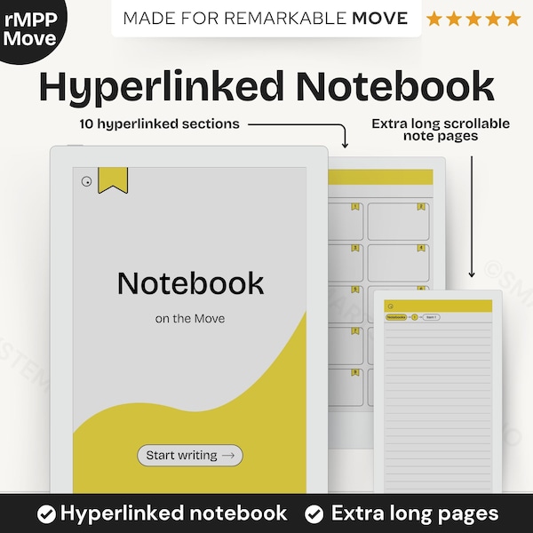 Notizbuch Vorlage für das reMarkable Paper Pro Move | Minimalistisches Hyperlinked Journal mit mehreren Abschnitten und Inhaltsverzeichnis, undatiert e-ink
