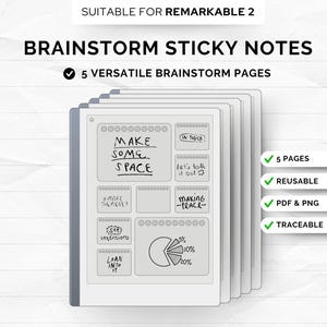 Könnte beinhalten: Fünf schwarz-weiße druckbare Seiten zum Brainstorming auf einem digitalen Notizblock. Die Seiten enthalten Aufforderungen wie "Make Some Space", "Let's Talk It Out" und "See Intentions".