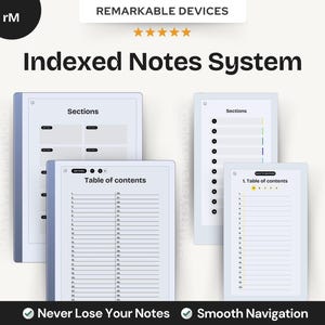 Puede incluir: Un sistema de notas indexadas para dispositivos Remarkable con cuatro pantallas de tabletas digitales. Las pantallas muestran secciones organizadas y tablas de contenido con listas numeradas. El texto incluye Remarkable Devices, Indexed Notes System, Never Lose Your Notes y Smooth Navigation.